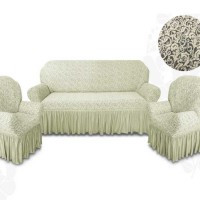 Комплект чехлов на диван и 2 кресла с оборкой вензеля жаккард цвет: кремовый